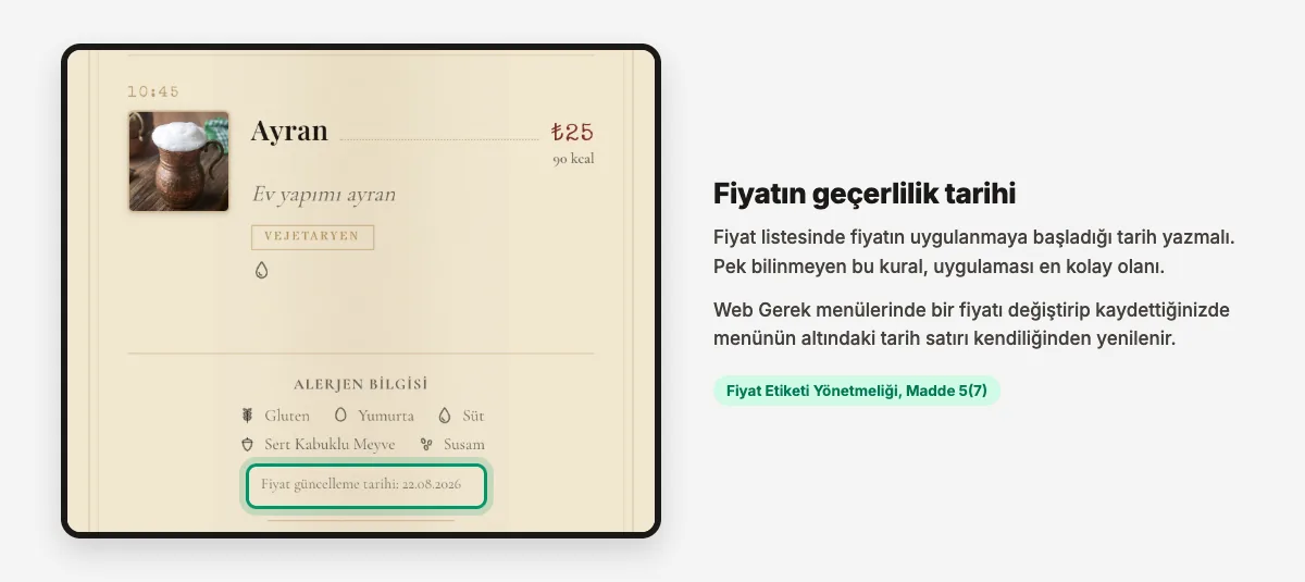 QR menünün altında alerjen bilgisi ve Fiyat güncelleme tarihi: 22.08.2026 satırı