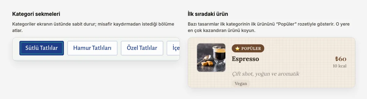QR menüde ekranın üstünde sabit duran kategori sekmeleri ve kategorinin ilk sırasında Popüler rozetiyle gösterilen espresso