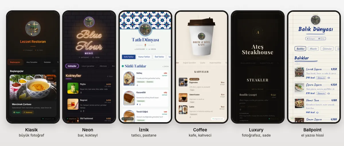 Web Gerek QR menü programının Klasik, Neon, İznik, Coffee, Luxury ve Ballpoint tasarımlarından örnekler