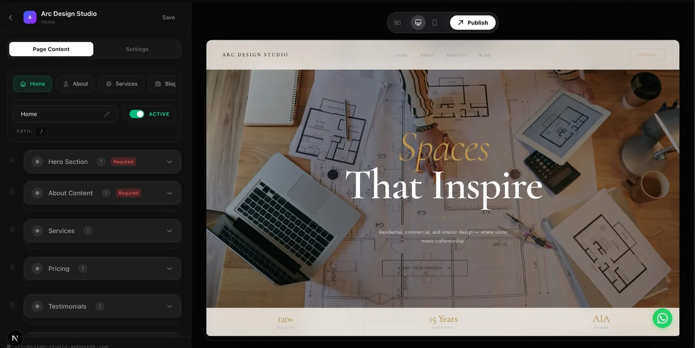 Web Gerek editor — edit content on the left, see live preview on the right