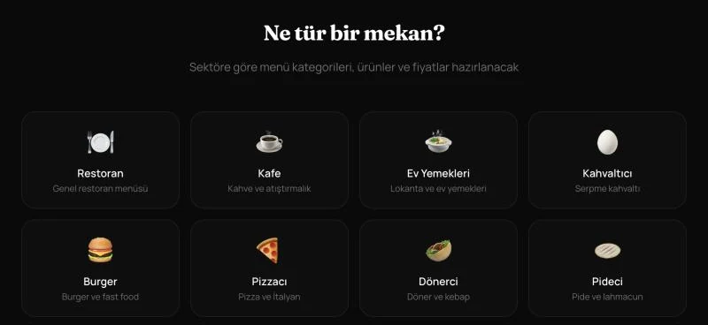 Yeni menü ekranı: "Ne tür bir mekan?" başlığı altında Restoran, Kafe, Ev Yemekleri, Kahvaltıcı, Burger, Pizzacı, Dönerci ve Pideci seçenekleri