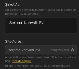 Ayarlar sekmesindeki Marka Kimliği bölümü: Şirket Adı ve Site Adresi alanları; yayındaki bir menüde adres kilitli görünür